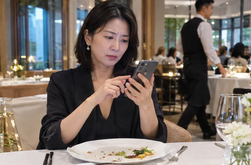 站在店門外皺著眉頭、用手機寫負評的男人