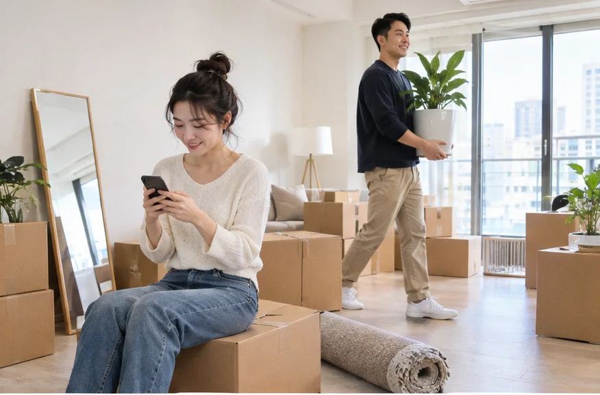 坐在一堆紙箱中間、用手機發搬家貼文的女生