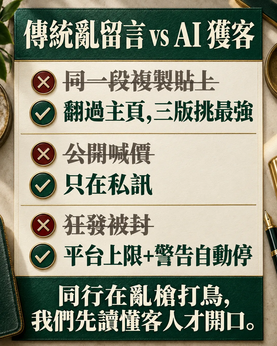 傳統亂留言與 AI 獲客三項對照