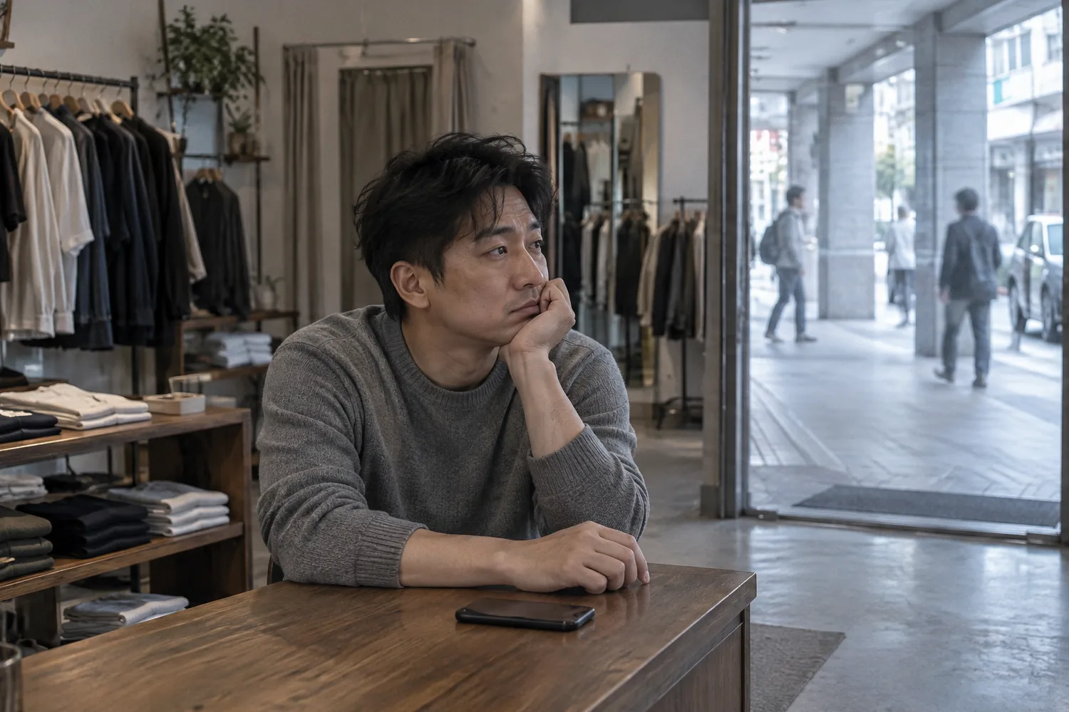 店裡空蕩蕩,老闆撐著下巴望著門口等客人